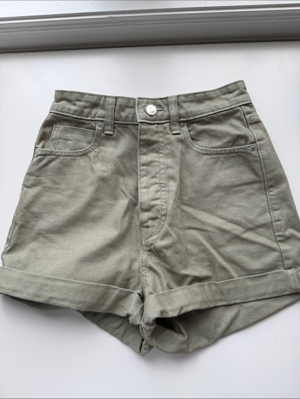 Zara High-Waist denim Olive Green Roll-Hem Shorts